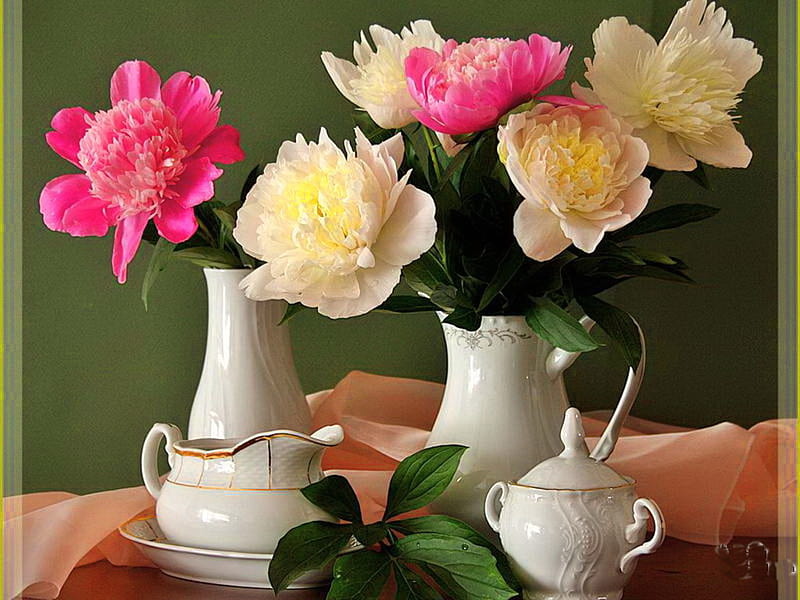 Peonies and tea, sugar bowl, teapot, flowers, yellow, white, pink, creamer, peonies, HD wallpaper