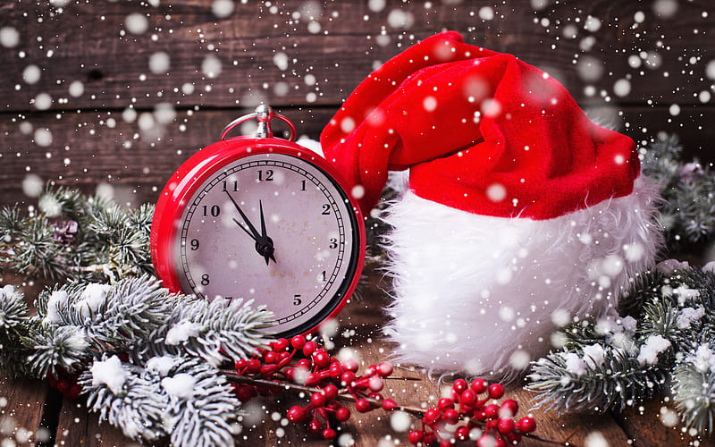 New Year, red caps, winter, snow, midnight, decoration, Christmas tree, red alarm clock, HD wallpaper
