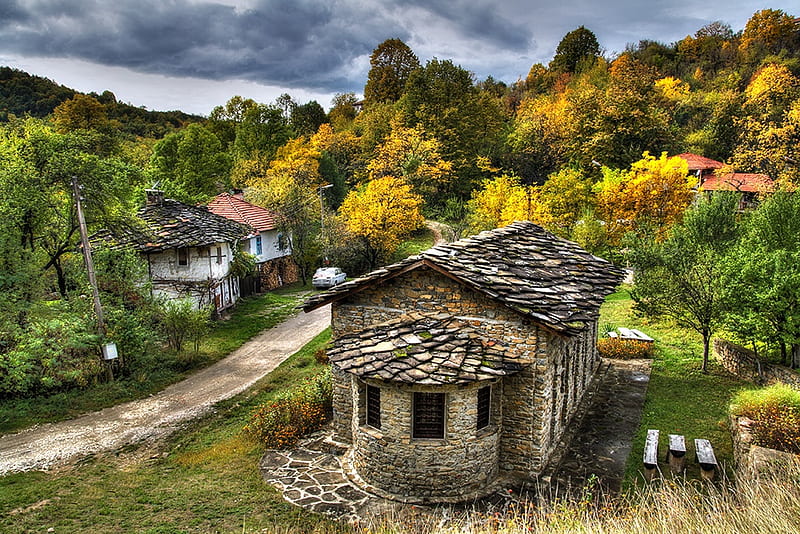 Old Village, pretty, forest, houses, trees, old, mountain, graphy, nice, stone, path, nature, road, bulgaria, HD wallpaper