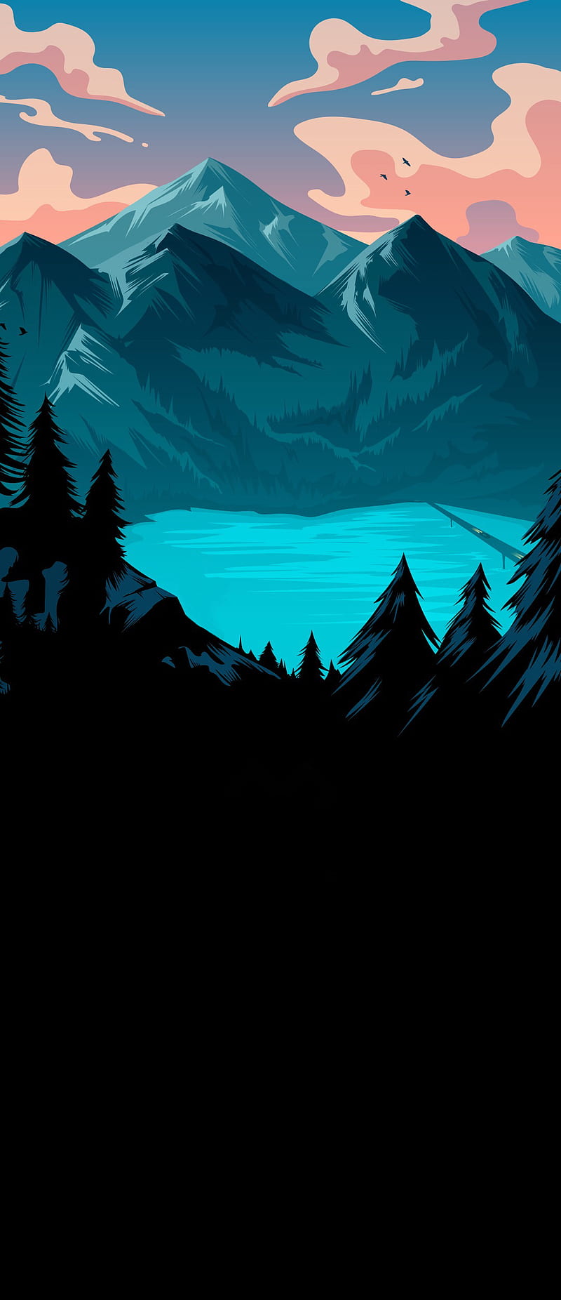 Blue Lake Mountains, dark, amoled, trees, sky, scene, sunset, park, HD phone wallpaper