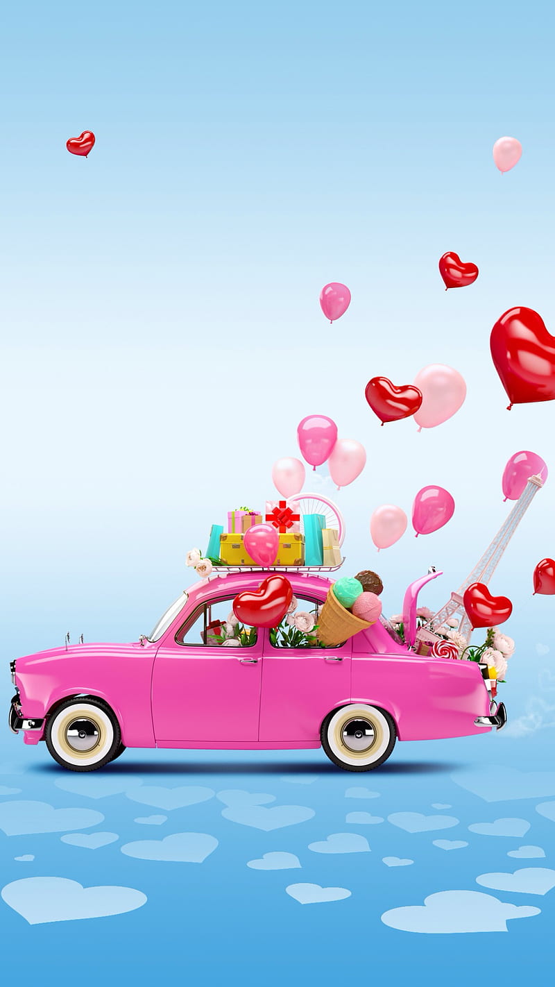 Valentines, balloons, car, cartoons, drawing, corazones, love, valentine, HD phone wallpaper
