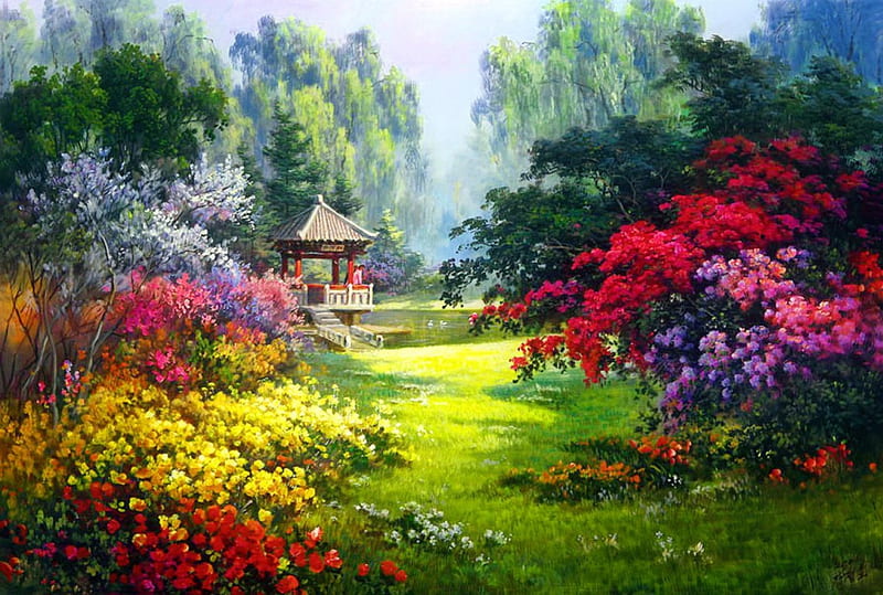 Summer gazebo, pretty, colorful, grass, bonito, painting, flowers, art, rest, lovely, relax, spring, park, trees, paradise, summer, blossoms, garden, flowering, nature, walk, alley, gazebo, blooming, HD wallpaper