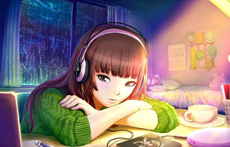 Anime girl, interior, headphones, tea, lights, city, girl, green, purple, anime, computer, cup, evening, pink, blue, night, HD wallpaper