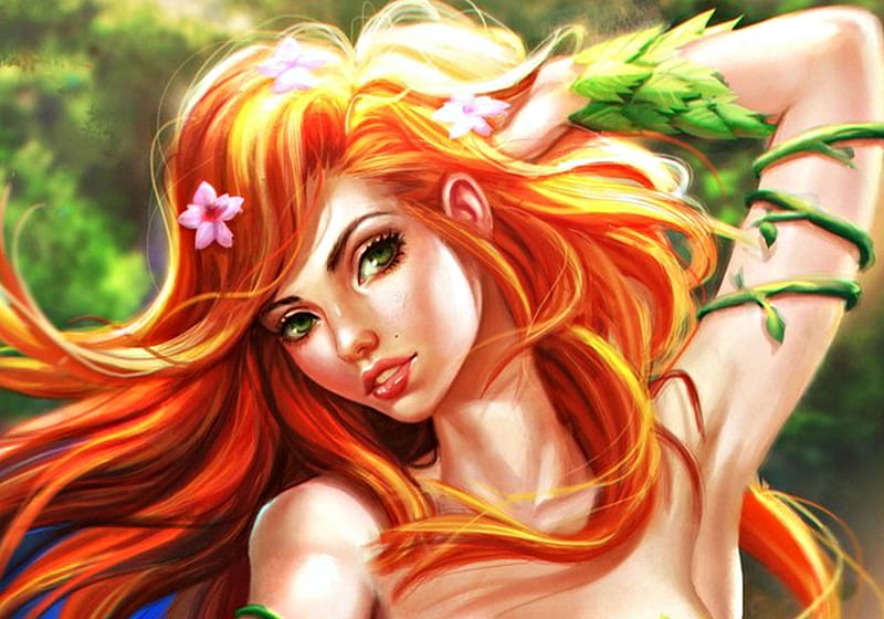 Poison Ivy, art, fantasy, chriskimart, green, girl, redhead, woman, HD wallpaper