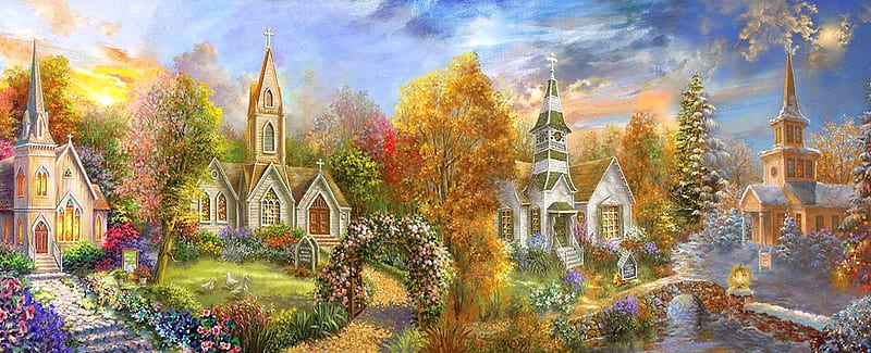 A Church for all Seasons, churches, garden, summer, spring, winter, autumn, chapels, religious, love four seasons, attractions in dreams, paintings, HD wallpaper