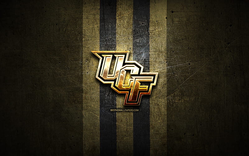 UCF Knights, golden logo, NCAA, brown metal background, american football club, UCF Knights logo, american football, USA, HD wallpaper