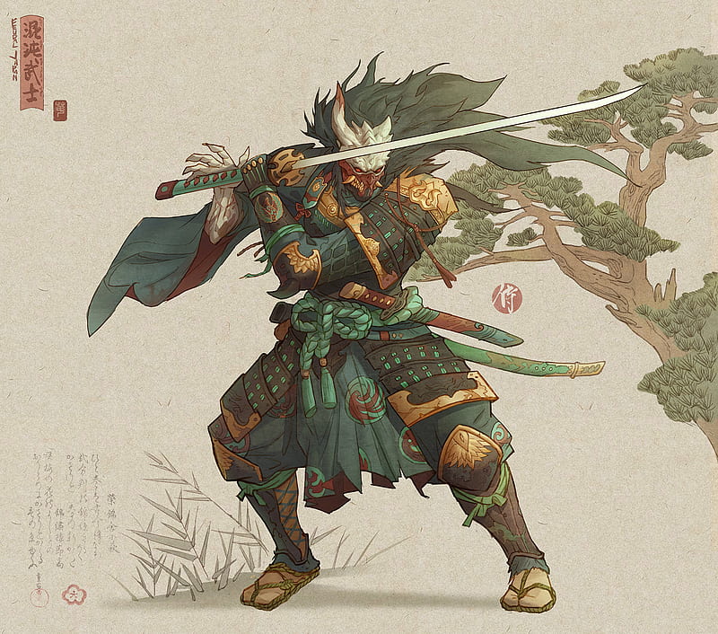 Samurai, sword, man, armor, clothes, mask, tree, old, drawing, hair, HD wallpaper