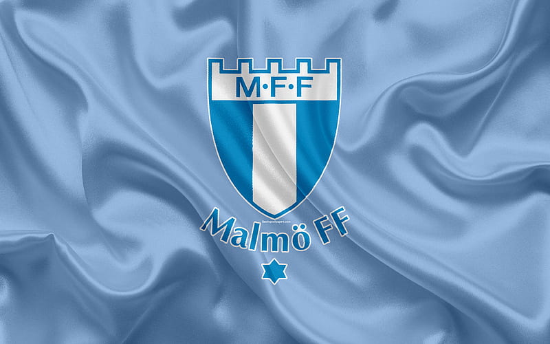 Malmo FF FC Swedish football club, logo, emblem, Allsvenskan, football, Malmo, Sweden, silk flag, Swedish Football Championships, HD wallpaper