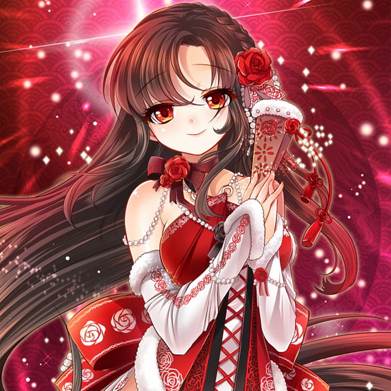 Red Sparkler, pretty, wonderful, blush, adorable, magic, sweet, red rose, nice, anime, beauty, anime girl, long hair, lovely, gown, smiling, happy, awesome, blushing, fan, chinese, orinetal, red eyes, red, dress, divine, rose, shy, bonito, female, brown hair, spendid, smile, kawaii, girl, flower, angelic, HD wallpaper