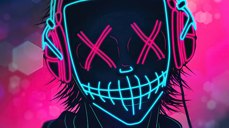 Mask Boy Listening Music Neon , neon, mask, artist, artwork, digital-art, headphones, HD wallpaper