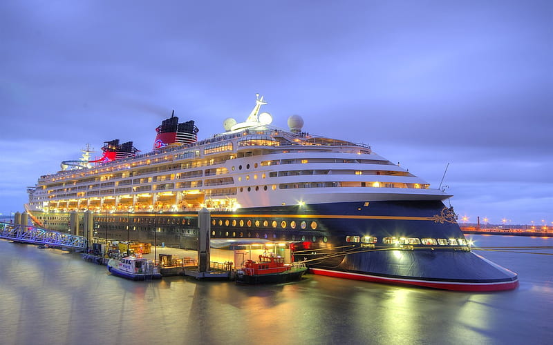 Disney Magic, cruise ship, pier, port, night, HD wallpaper