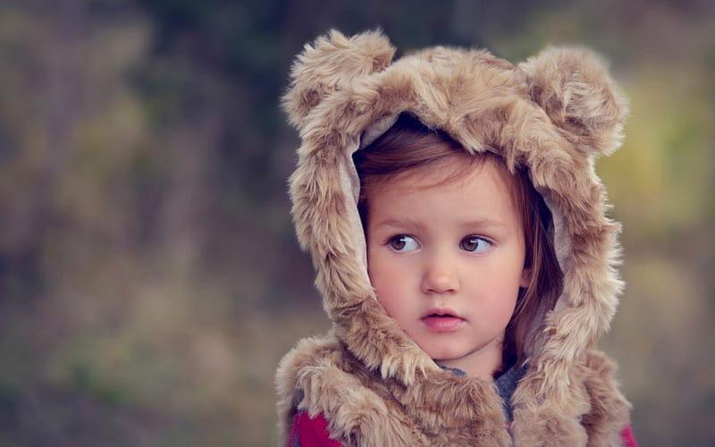 Little bear, cute, girl, ears, bear, child, fur, hat, HD wallpaper