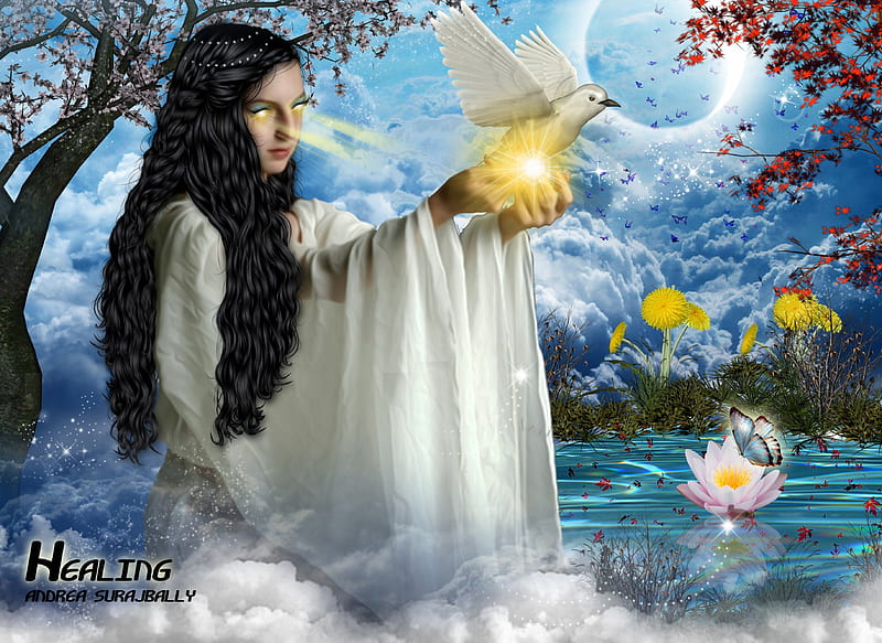 **H E A L I N G**, pretty, clouds, incredible, angels, women, sweet, fantasy, butterfly, splendor, manipulation, love, emotional, powers, flowers, face, wings, lovely, models, birds, sky, supernatural, lips, trees, cute, water, cool, flying, dove, eyes, fall, colorful, lotus, dress, healing, bonito, digital art, emo, leaves, moon, fairies, girls, magnificent, light, animals, stars, female, fantastic, lilies, colors, butterflies, creative, pond, shines, plants, HD wallpaper