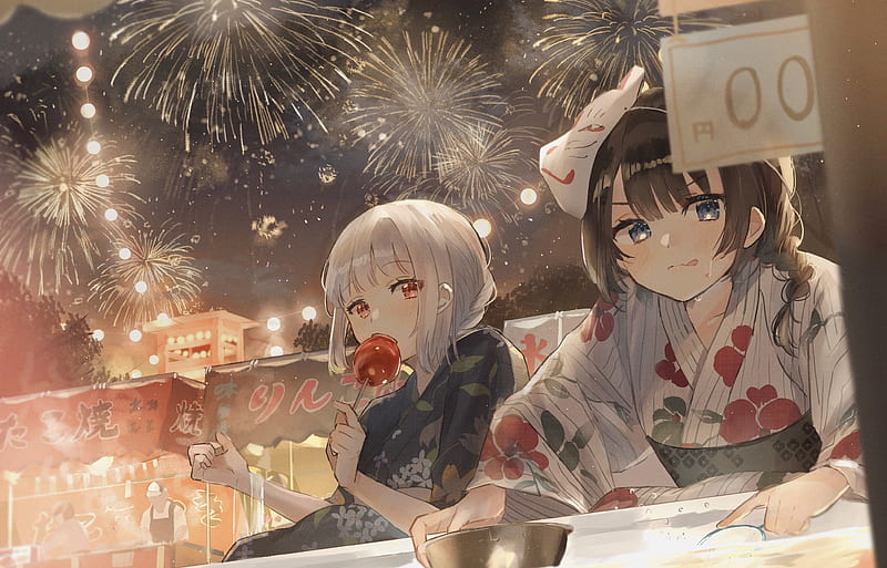 anime girls, yukata, fireworks, apple candy, japanese clothes, night, Anime, HD wallpaper
