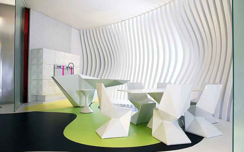 modern interior design, polygon style, kitchen, stylish interior design, 3d white chairs, kitchen project, HD wallpaper