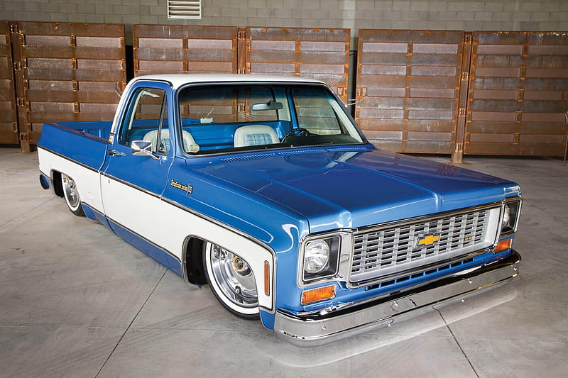 1974 Chevrolet Cheyenne Super 10, Slammed, White, GM, Blue, Bowtie, HD wallpaper