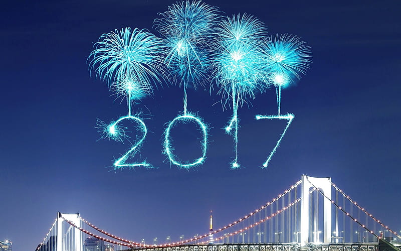 New Year, 2017, fireworks, 2017 Year, blue fireworks, bridge, HD wallpaper