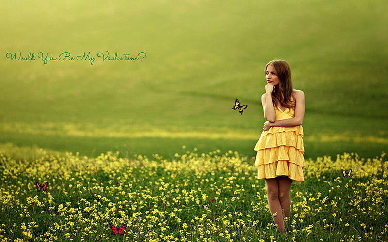 Be My Valentine, Yellow, Valentine, Flowers, Woman, Meadow, Butterfly, HD wallpaper