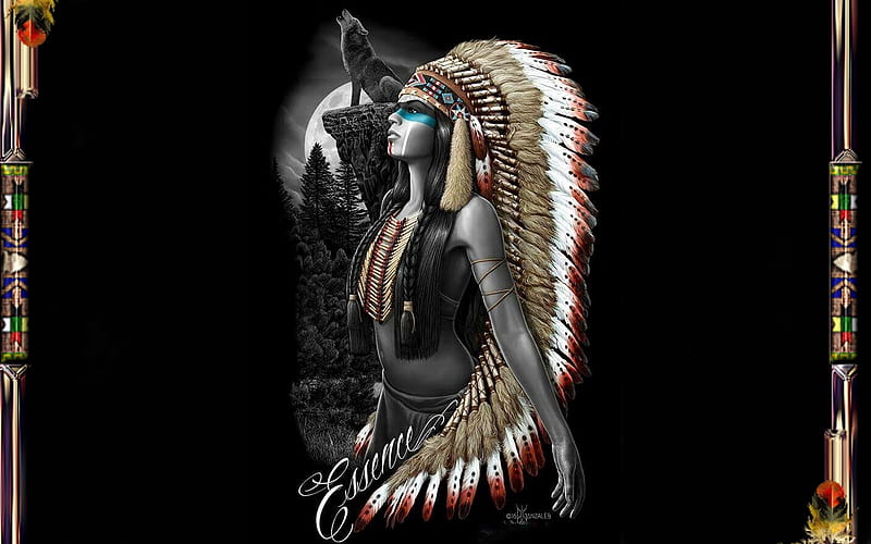 Essence of a Native American Woman, fantasy, indigenous people, headdress, beauty, Native American, wolf, woman, Indian, HD wallpaper