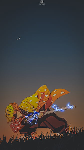 Zenitsu Agatsuma, sky, moon, demon slayer, anime aesthetic, sunset, HD phone wallpaper