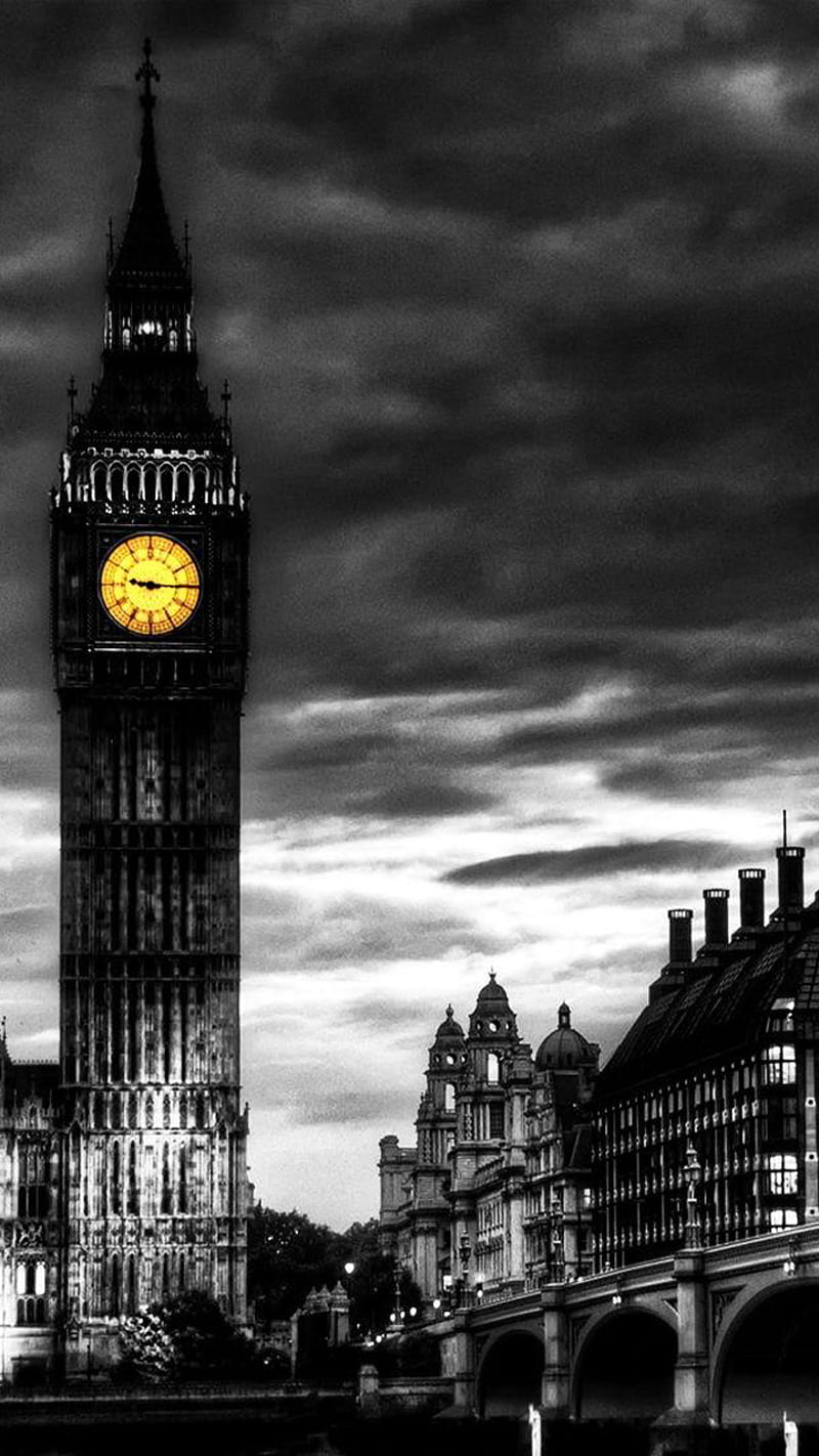 London, black, britain, clock, dark, tower, uk, white, HD phone wallpaper