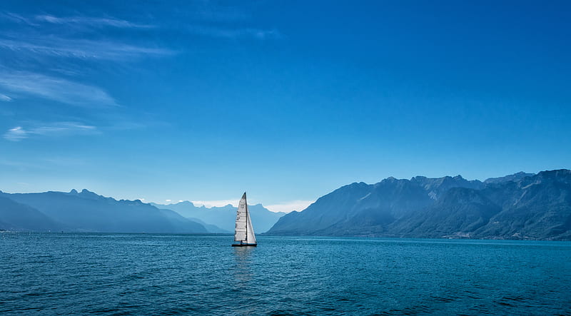ship, sailboat, mountains, sea, HD wallpaper