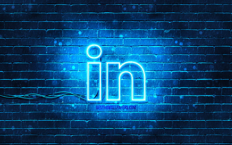 LinkedIn blue logo blue brickwall, LinkedIn logo, social networks, LinkedIn neon logo, LinkedIn, HD wallpaper