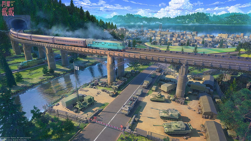 anime cityscape, industrial, bridge, train, buildings, Anime, HD wallpaper