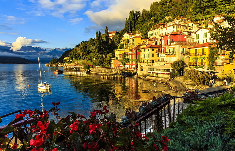 Como Lake, Lombardy, yacht, Italy, homes, Varenna, embankment, HD wallpaper