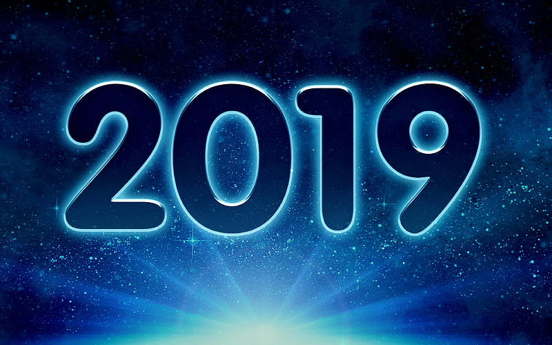 2019 year, blue rays, creative, space, 2019 concepts, Happy New Year 2019, blue background, HD wallpaper