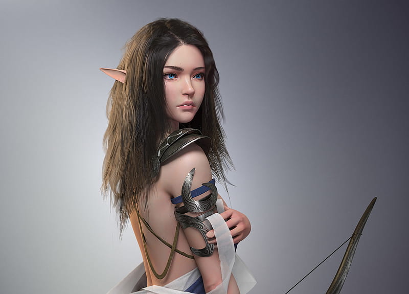 Archer, girl, elf, fantasy, frumusete, luminos, peng ju, HD wallpaper
