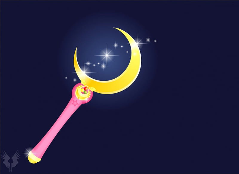 Moon Stick, staff, item, glow, object, sparks, objects, yellow, anime, sailor moon, weapon, pink, light, sailormoon, wand, items, rod, black, plain, stick, dark, crescent, simple, HD wallpaper
