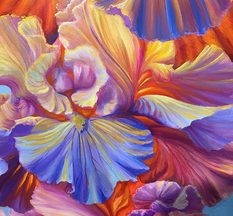 Irises, iris, art, pictura, jon ching, red, yellow, flower, blue, colorful, painting, HD wallpaper