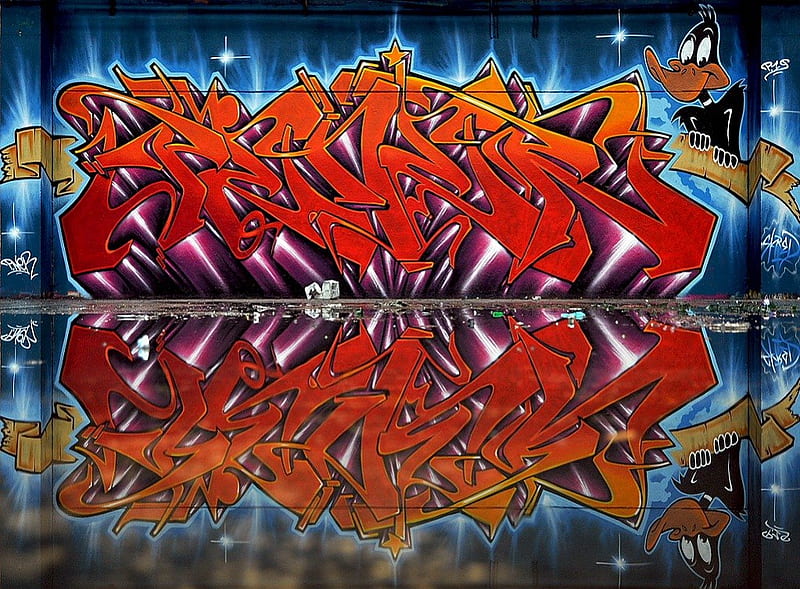 Graffiti wall, grafitti, colorful, colors, bonito, wall, duck, tags, spray, mirror, night, letter, HD wallpaper