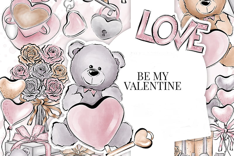 Happy Valentine's Day!, heart, texture, black, bear, paper, pink, card, pattern, love, flower, HD wallpaper
