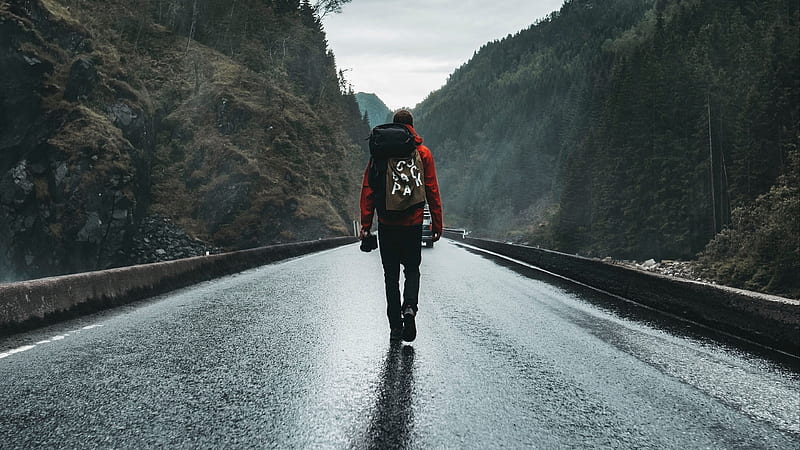 Man Is Walking Alone On Road Between Mountains Alone, HD wallpaper