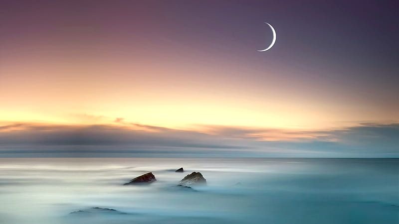 Crescent moon hanging in a faded red sky hovering over a misty sea, sky, rocks, moon, water, ocean, magical, sea, HD wallpaper