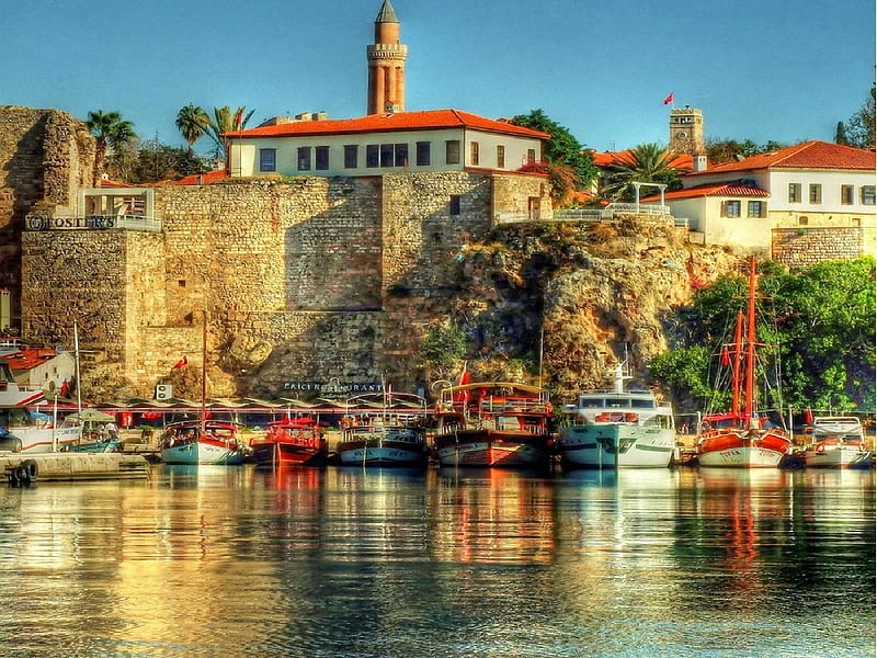 Antalya port,Turkey, mediterranean, turkey, port, castle, antalya, HD wallpaper