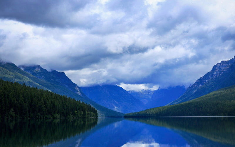 Bowman Lake, Glacier National Park, Montana, sky, clouds, usa, mountains, water, HD wallpaper
