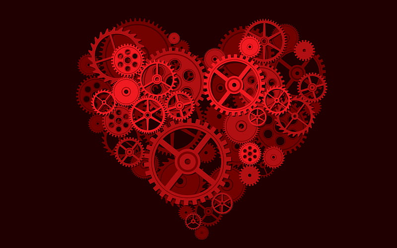 Creative red heart, love concepts, heart with gears, metal heart, gearwheel, HD wallpaper