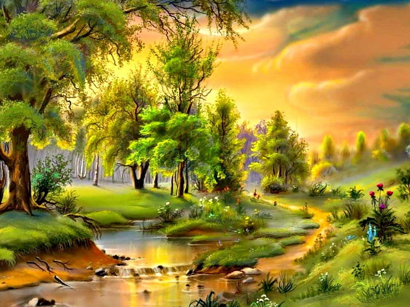 The Green Nature, oil painting, forest, trees, sky, paintings, splendor, green, paradise, plants, painting, waterfall, flowers, nature, streams, natural, HD wallpaper