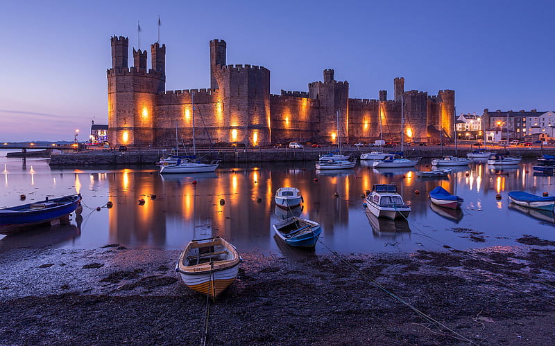 old castle, fortress, bay, yachts, beautiful castle, coast, evening, sunset, England, HD wallpaper