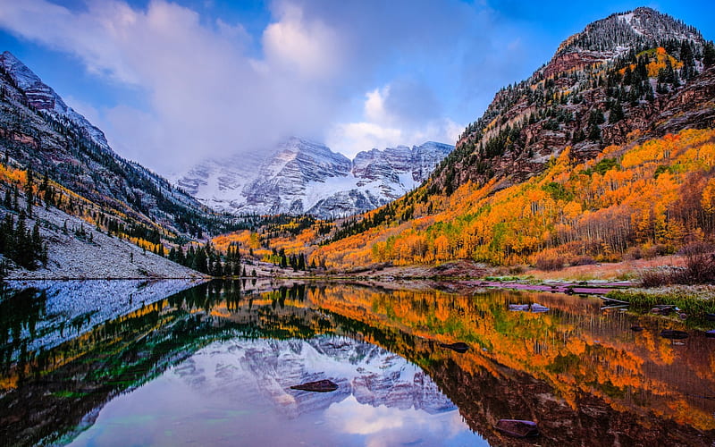 Maroon Bells, mountain lake, autumn, mountains, Aspen, Colorado, USA, North Maroon Peak, Maroon Peak, HD wallpaper