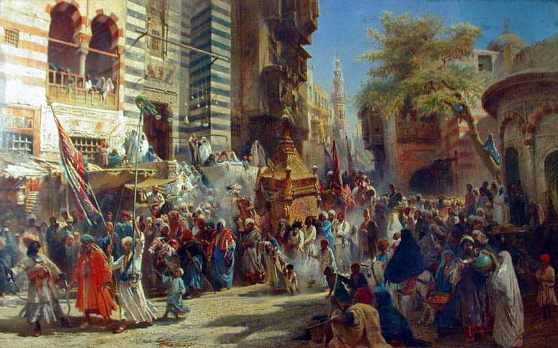 The return of the Saint Carpet from Mecca to Cairo (1875), red, art, building, city, green, people, painting, The return of the Saint Carpet from Mecca to Cairo, road, blue, Makovsky Konstantin Zhukovsky, HD wallpaper