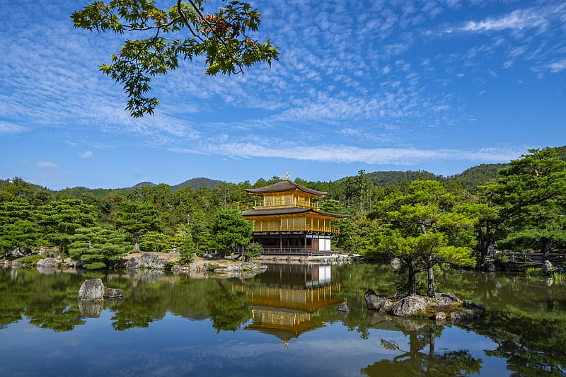 Kinkaku-Ji in japan surrounded with tall and green trees near body of water under blue and white sky during daytime, HD wallpaper