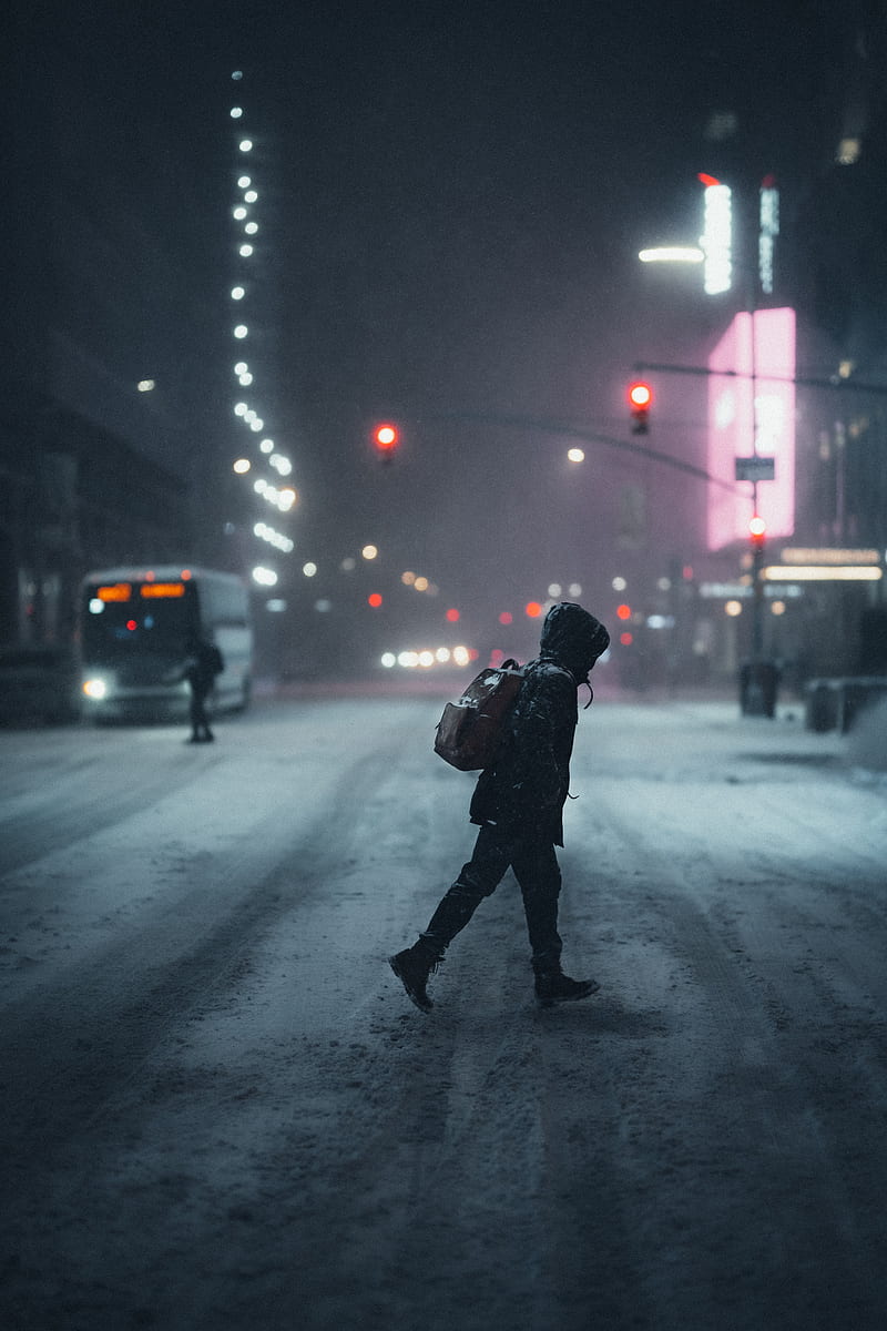 man, street, night, snow, HD phone wallpaper