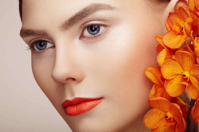 Beauty, girl, model, orange, orchid, flower, oleg gekman, face, woman, HD wallpaper