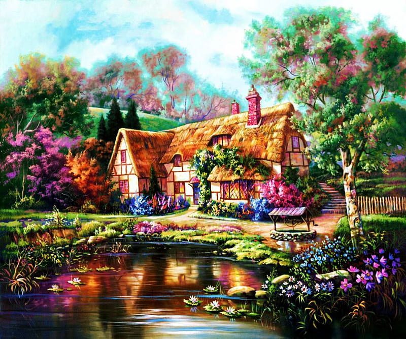 1920x1080px, 1080P free download | Dreamy Cottage, pond, house ...