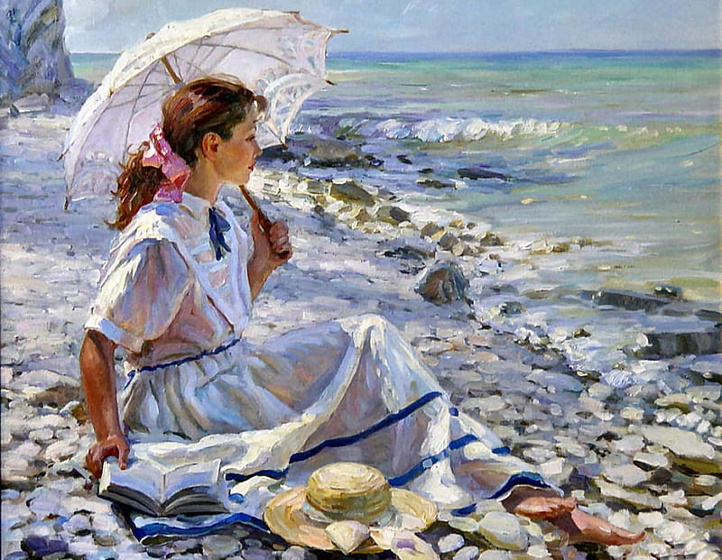 Little Girl Dreaming F, art, umbrella, bonito, illustration, artwork, beach, sand, little girl, painting, portrait, parasol, HD wallpaper