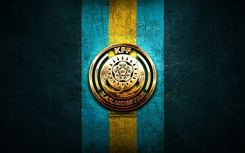 Kazakhstan National Football Team, golden logo, Europe, UEFA, blue metal background, Kazakh football team, soccer, KFF logo, football, Kazakhstan, HD wallpaper